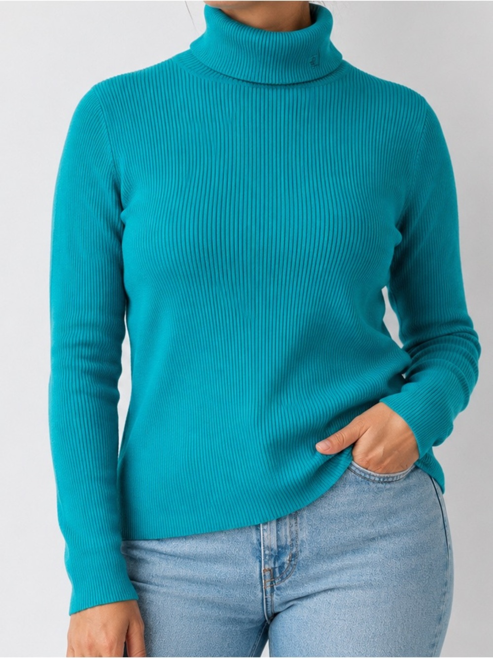 Vintage Lauren Ralph Lauren Teal Ribbed Cotton Turtleneck Sweater